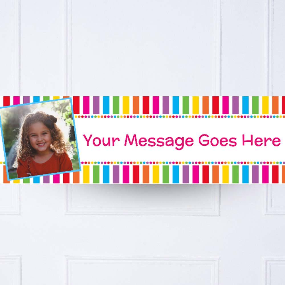 Click to view product details and reviews for Kids Rainbow Stripe Multi Dots Personalised Party Banner.