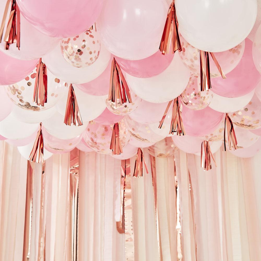 Click to view product details and reviews for Mix It Up Blush White And Rose Gold Ceiling Balloons With Tassels.