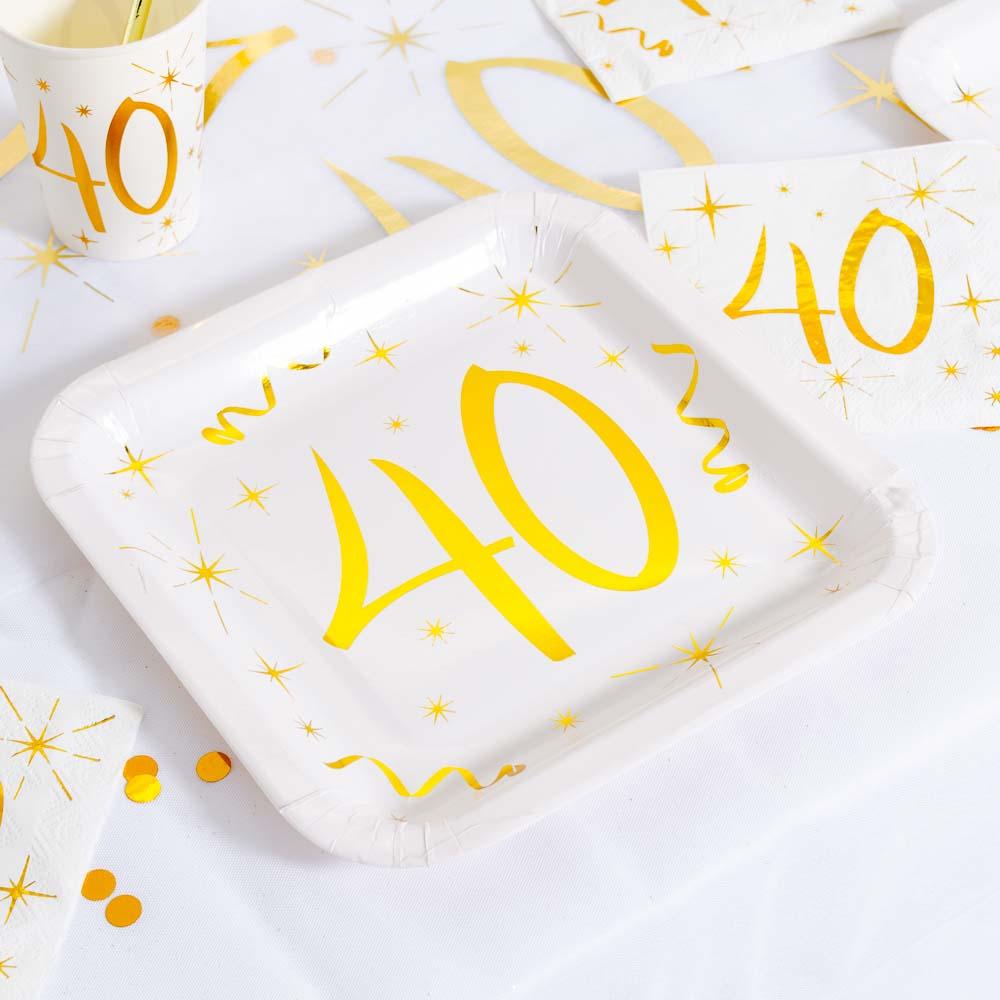 40th Birthday White Gold Sparkle Plates X10