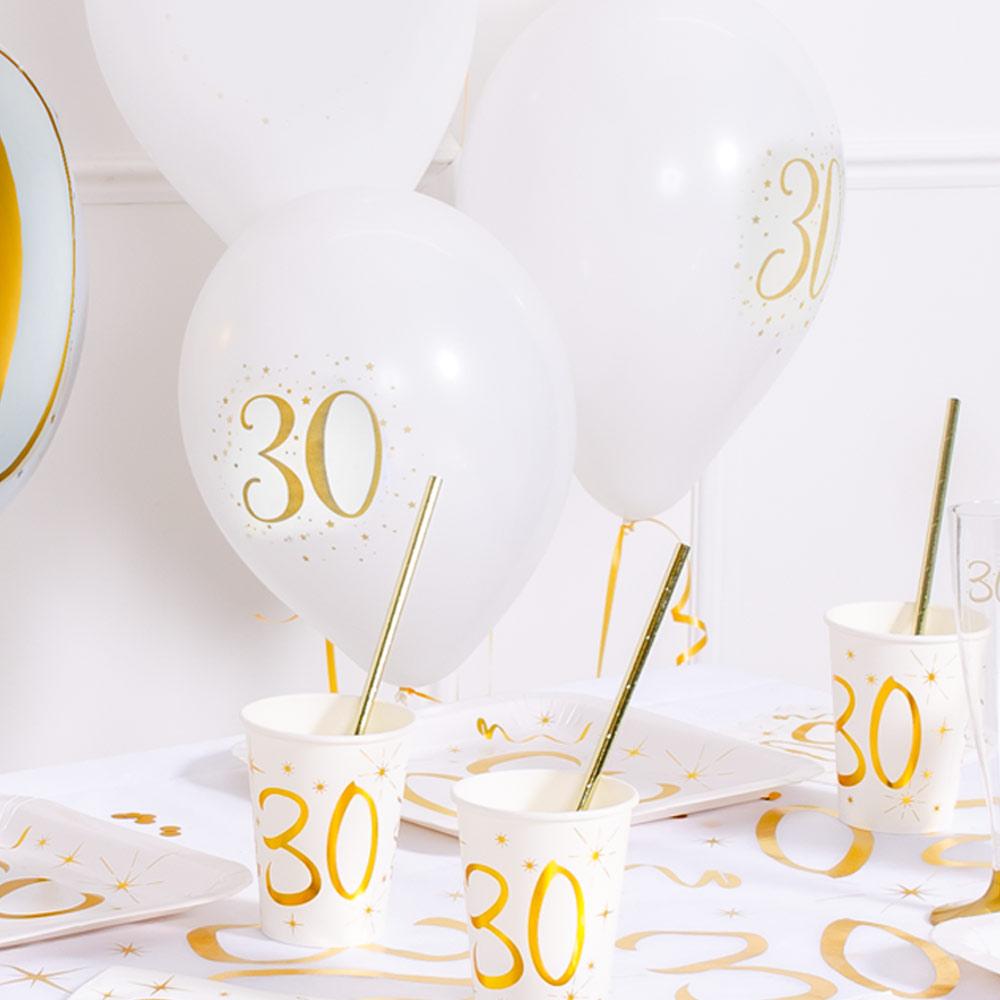 30th Birthday White Gold Sparkle Latex Balloon X8