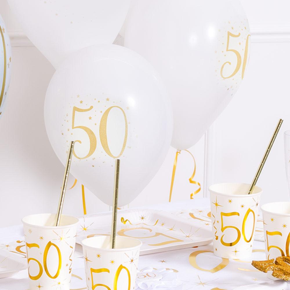 50th Birthday White Gold Sparkle Latex Balloon X8