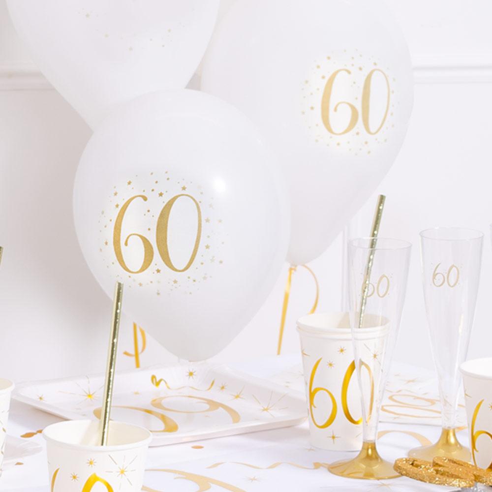 60th Birthday White Gold Sparkle Latex Balloon X8