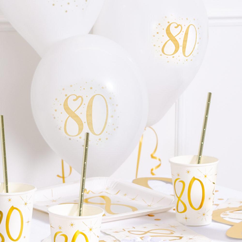 80th Birthday White Gold Sparkle Latex Balloon X8