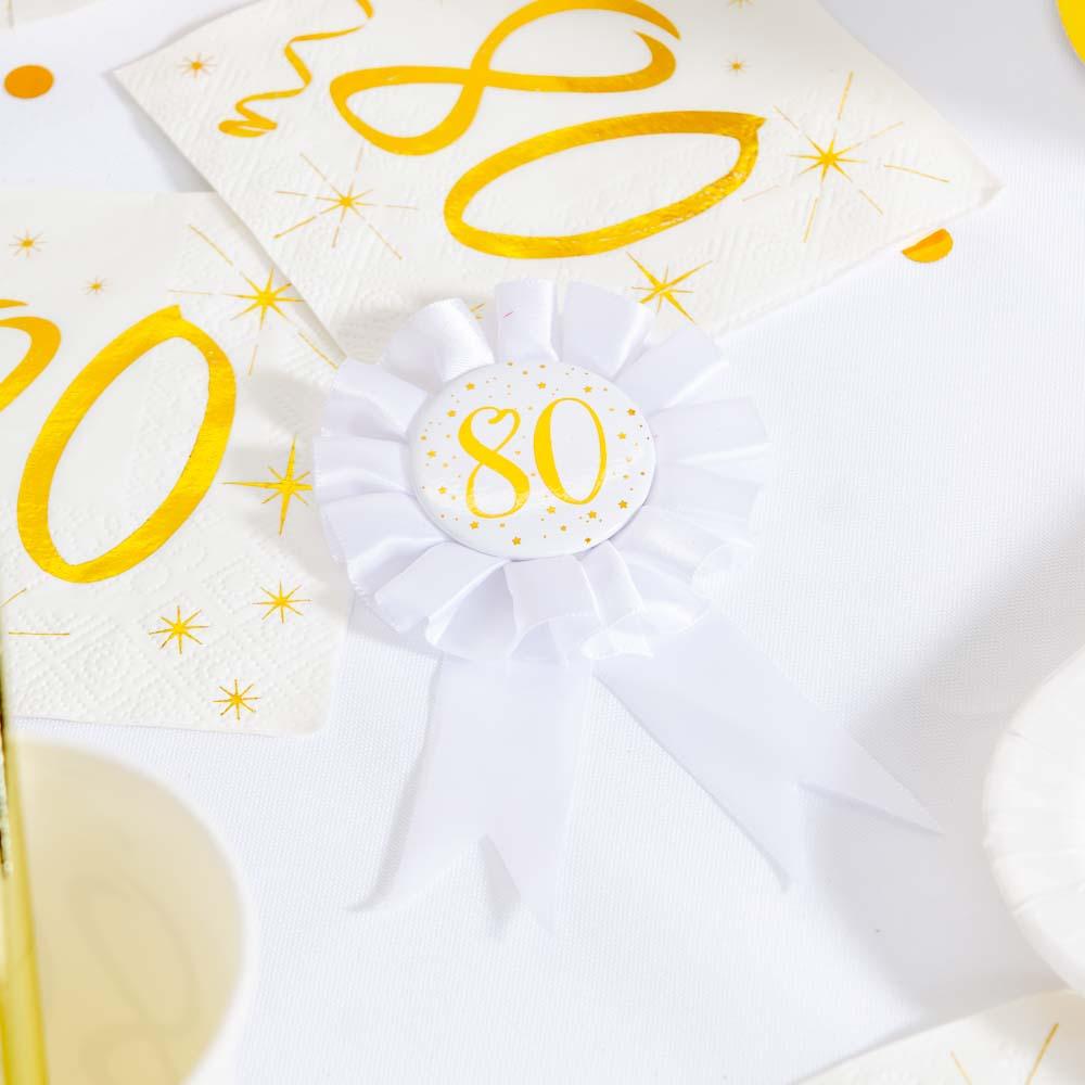 80th Birthday White Gold Sparkle Rosette