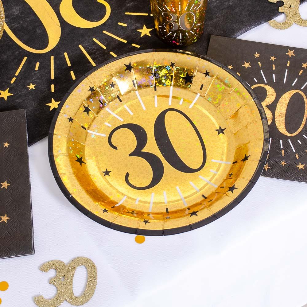 30th Birthday Black Gold Sparkle Plates X10