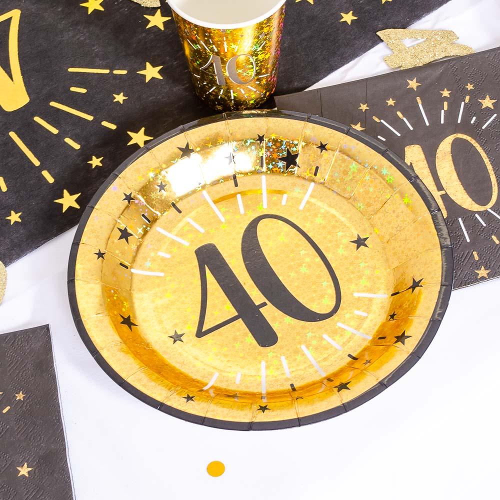 40th Birthday Black Gold Sparkle Plates X10