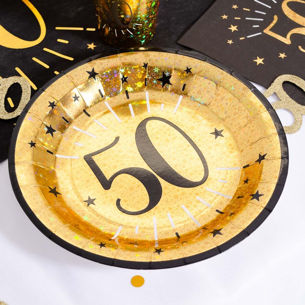 50th Birthday Black Gold Sparkle Plates X10