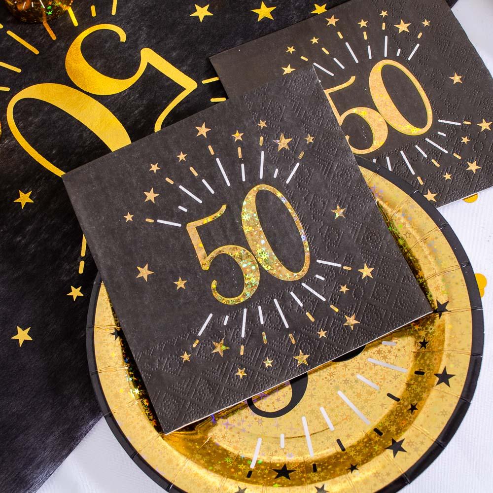 50th Birthday Black Gold Sparkle Napkins X10