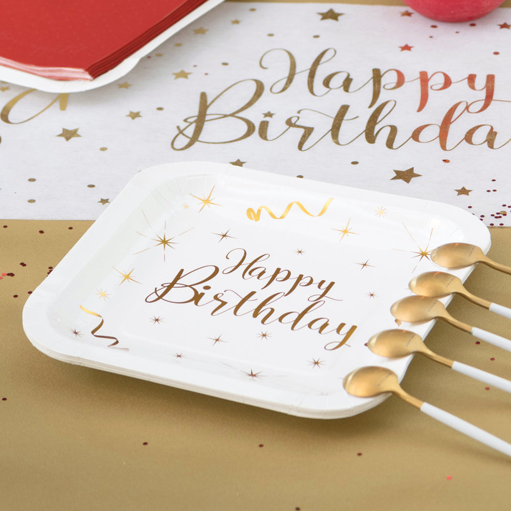 Happy Birthday White Gold Sparkle Square Plates X10