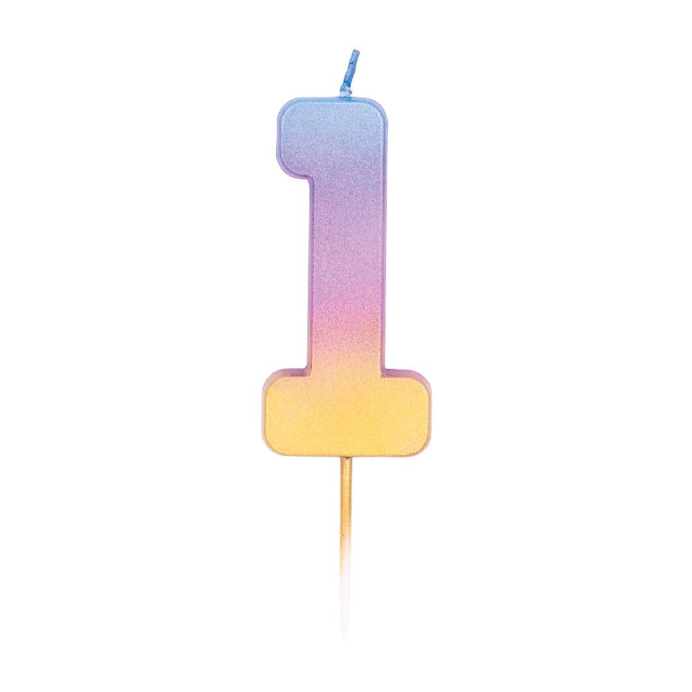 Click to view product details and reviews for Metallic Rainbow Number 1 Candle.