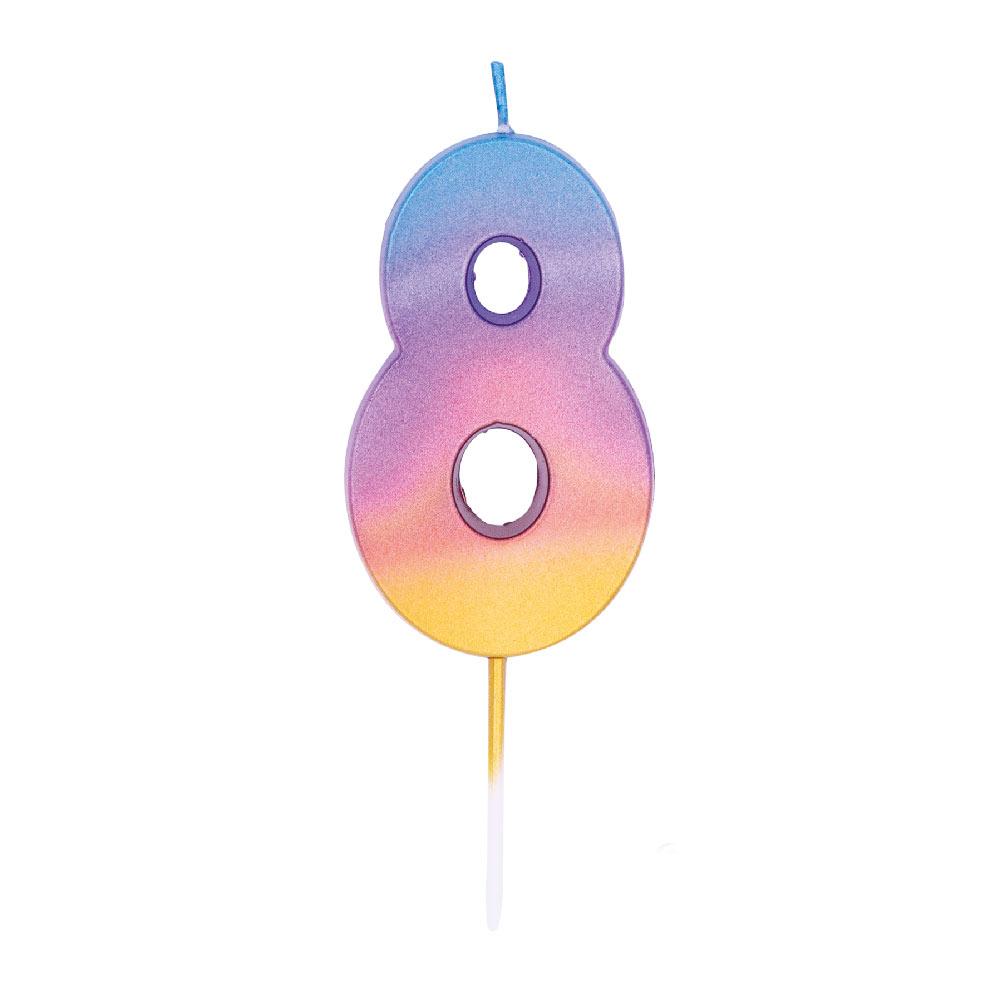Click to view product details and reviews for Metallic Rainbow Number 8 Candle.