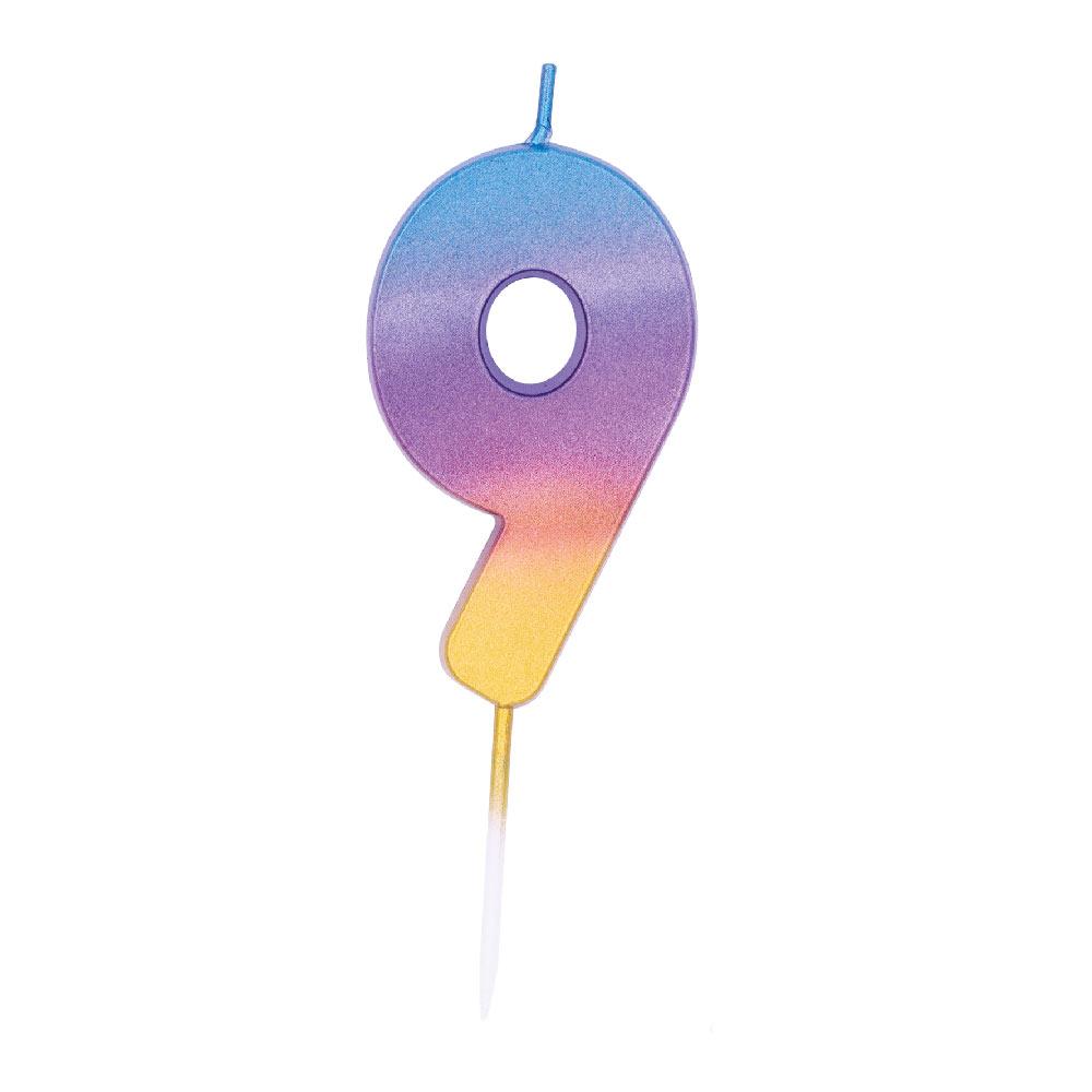 Click to view product details and reviews for Metallic Rainbow Number 9 Candle.