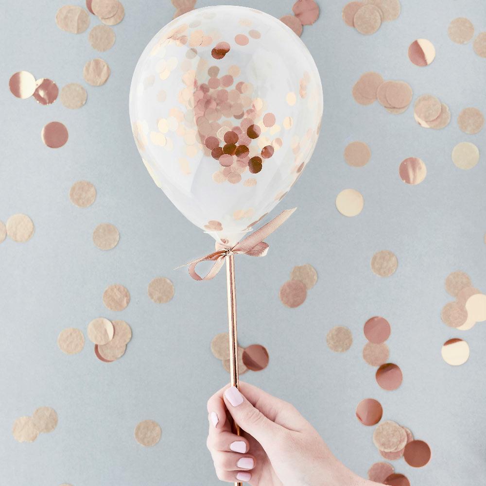 Rose Gold Mini Confetti Balloon Wands X5