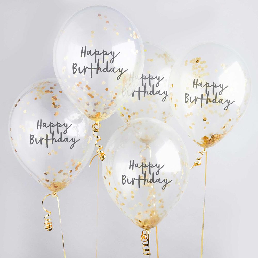 Gold Happy Birthday Confetti Balloon X5