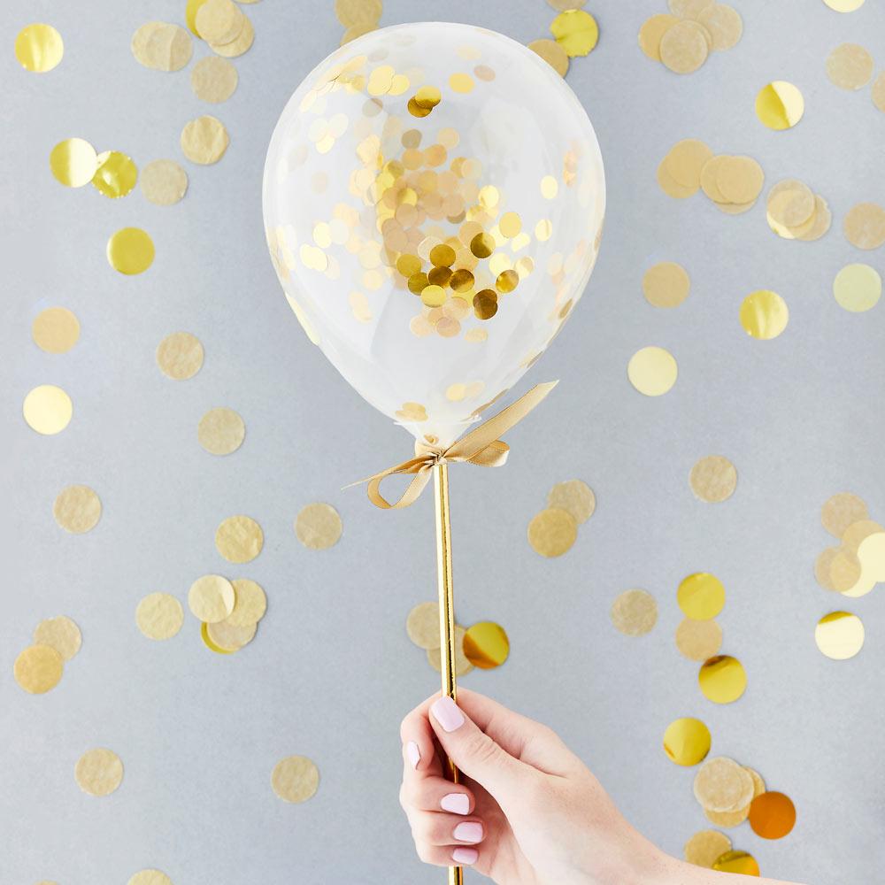 Gold Mini Confetti Balloons Wands X5