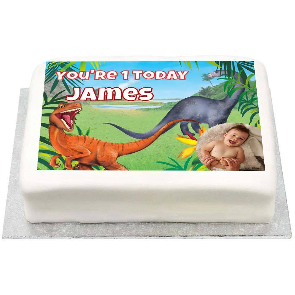 Click to view product details and reviews for Personalised Photo Cake Dino Roar 1st Birthday.