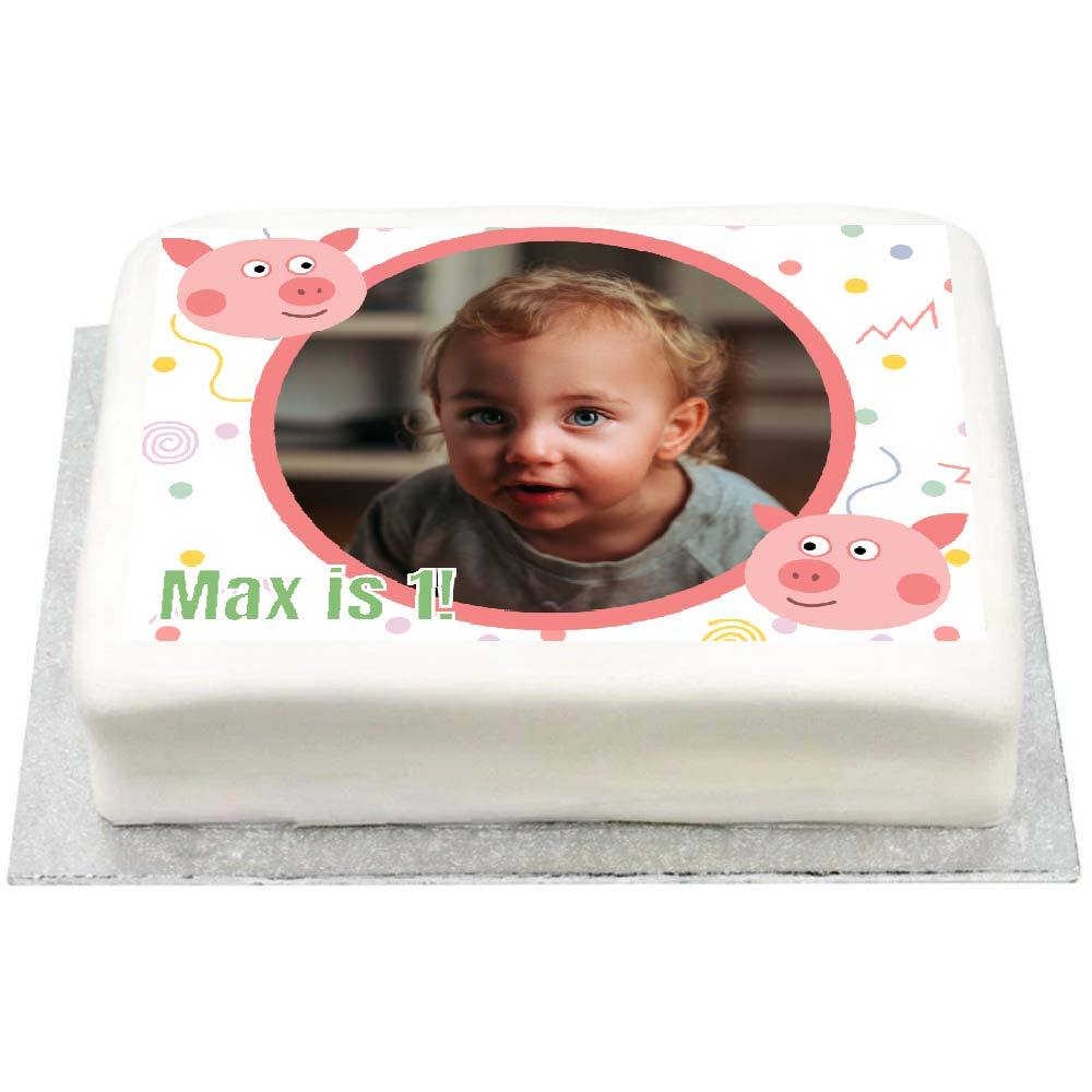 Personalised Photo Cake Little Pig 1st Birthday