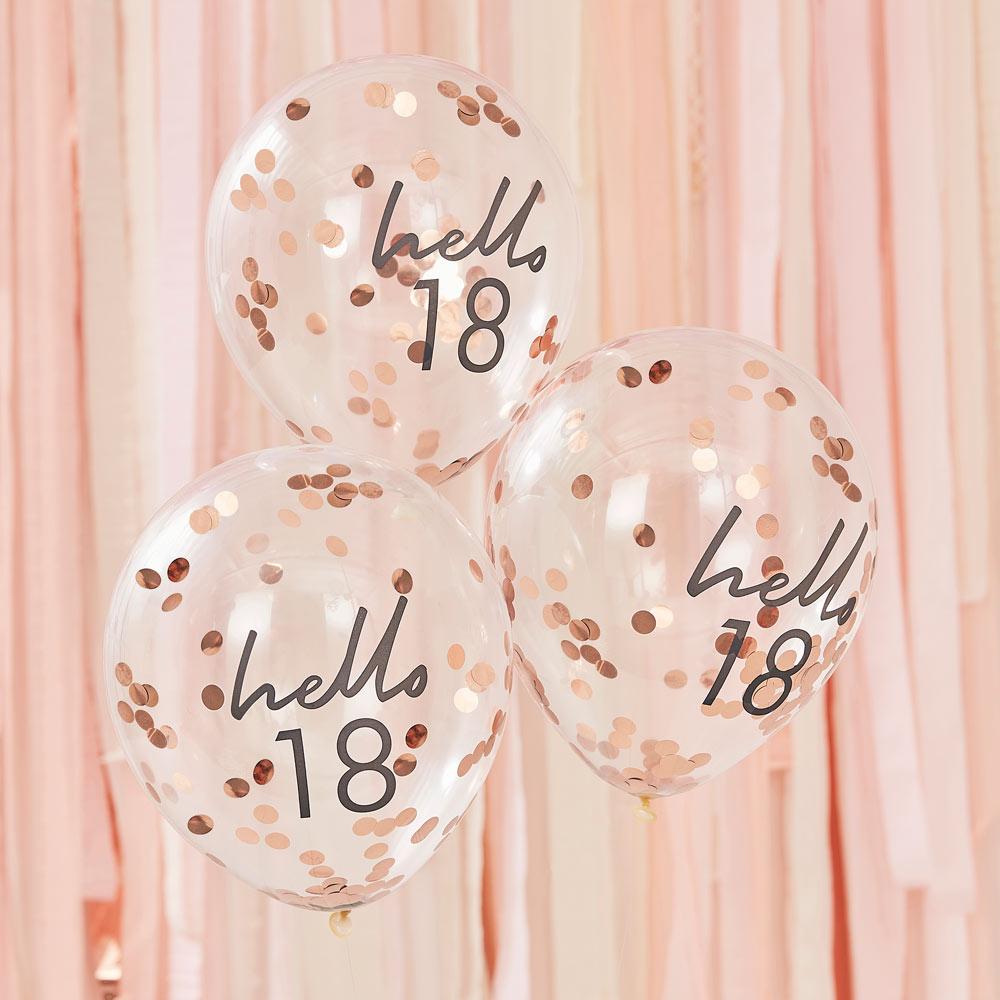 Rose Gold Confetti Filled Hello 18 Balloons