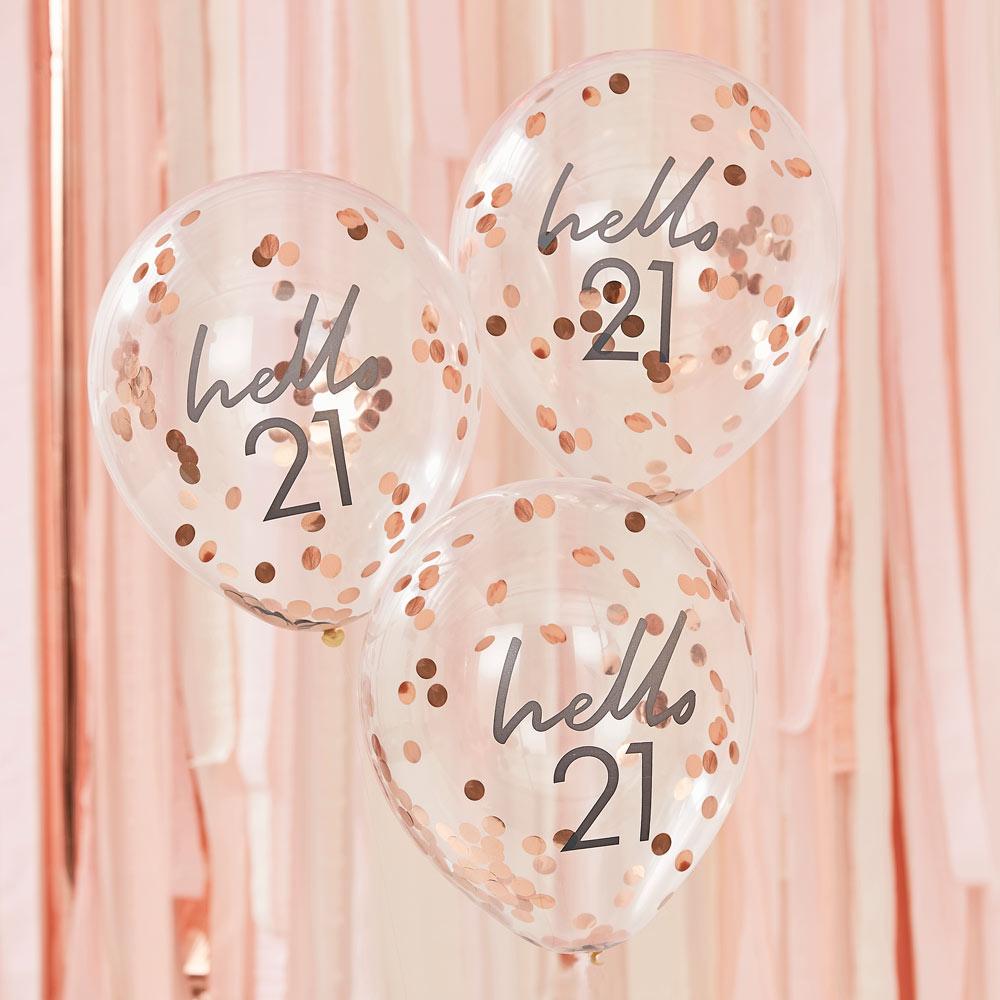 Click to view product details and reviews for Rose Gold Confetti Filled Hello 21 Balloons.