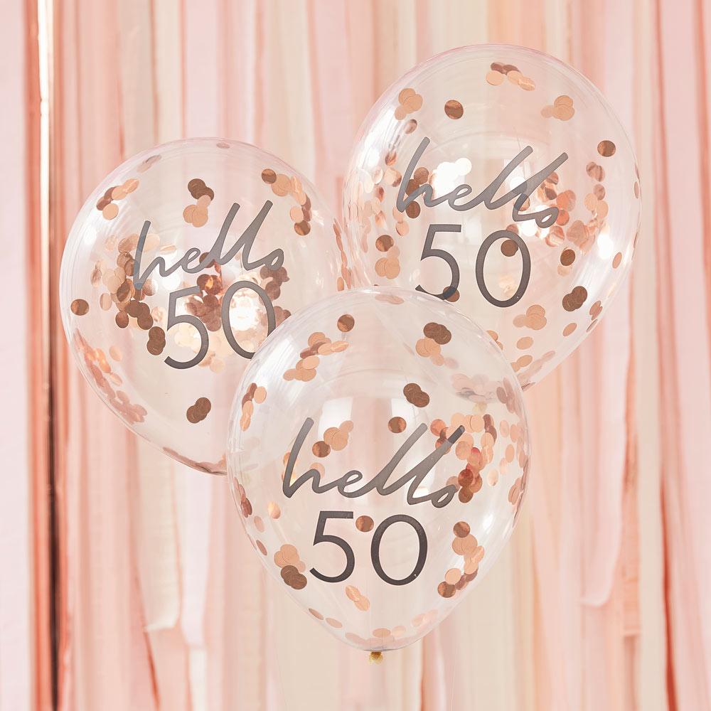 Click to view product details and reviews for Rose Gold Confetti Filled Hello 50 Balloons.