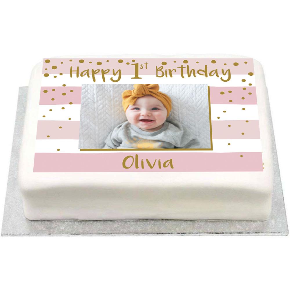 Click to view product details and reviews for Personalised Photo Cake Gold Pink 1st Birthday Celebration.