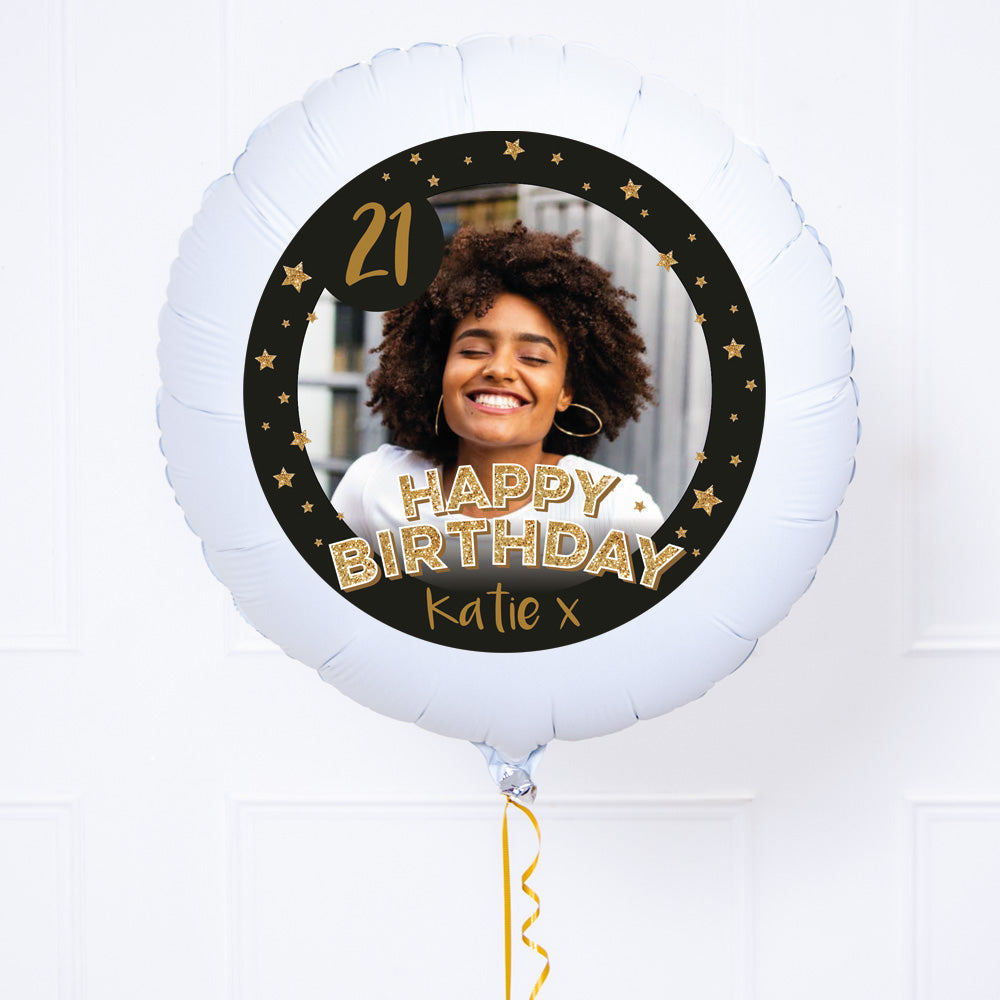 Click to view product details and reviews for Personalised Photo Balloon Any Age Birthday Black Gold Stars.