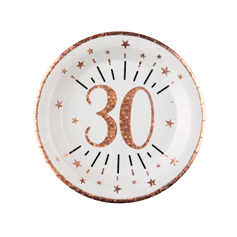 30th Birthday Rose Gold Paper Party Plates X10