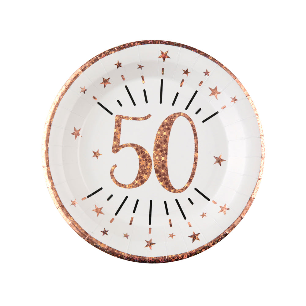 50th Birthday Rose Gold Paper Party Plates X10