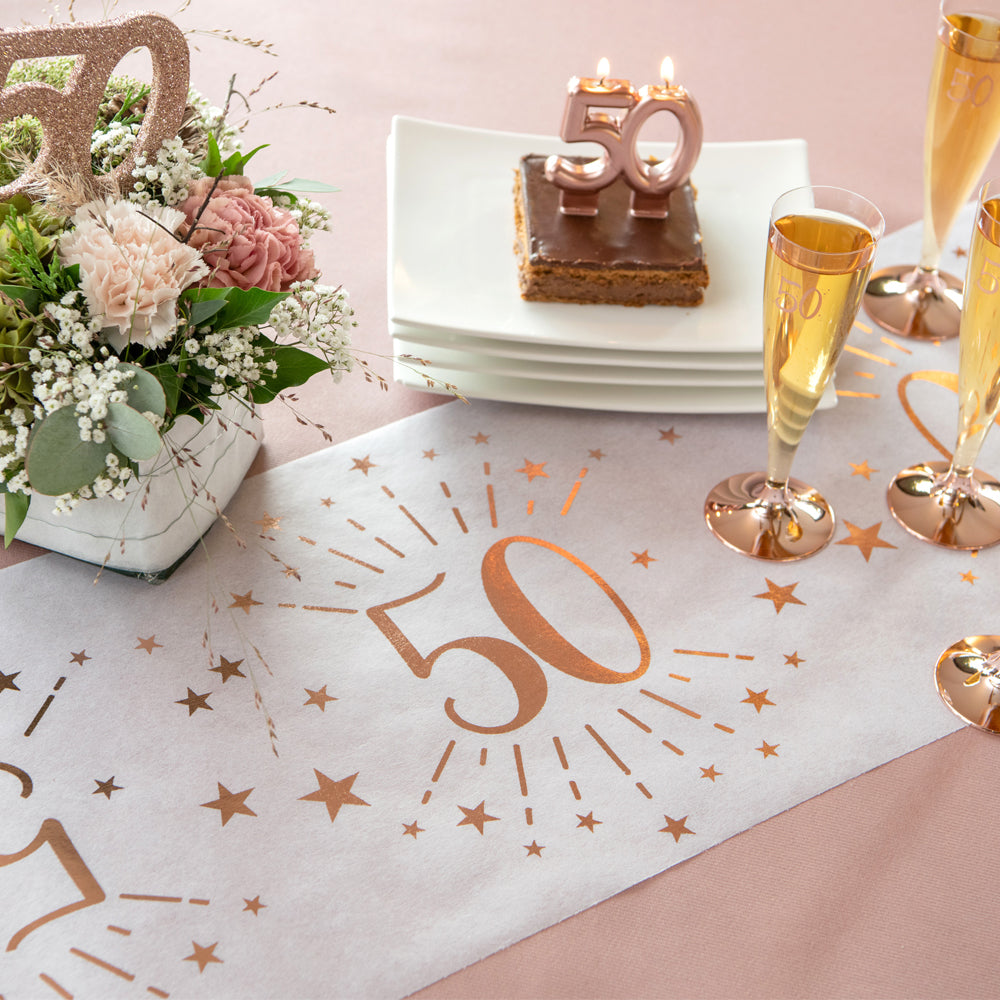 Click to view product details and reviews for 50th Birthday Rose Gold Party Table Runner 5m.