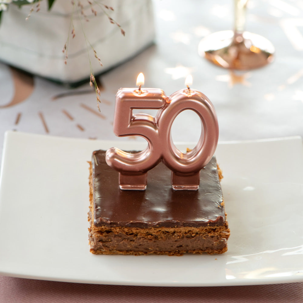 Click to view product details and reviews for 50th Birthday Rose Gold Candles.