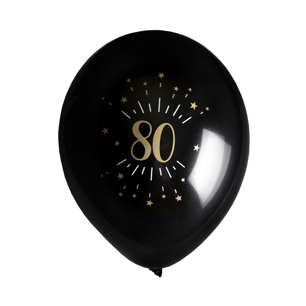 80th Birthday Black Gold Sparkle Latex Balloons X8