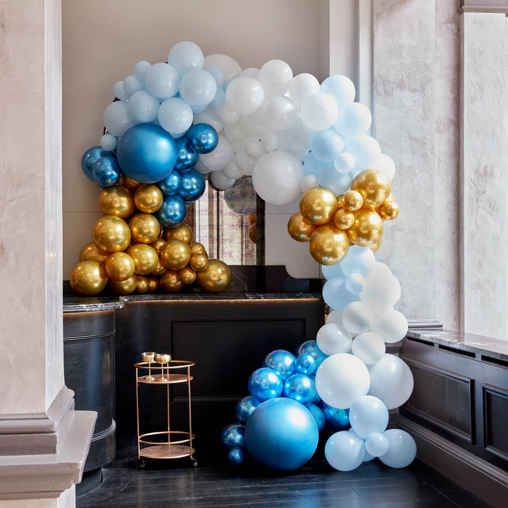 Click to view product details and reviews for Balloon Arch Large Blues Gold Chrome.