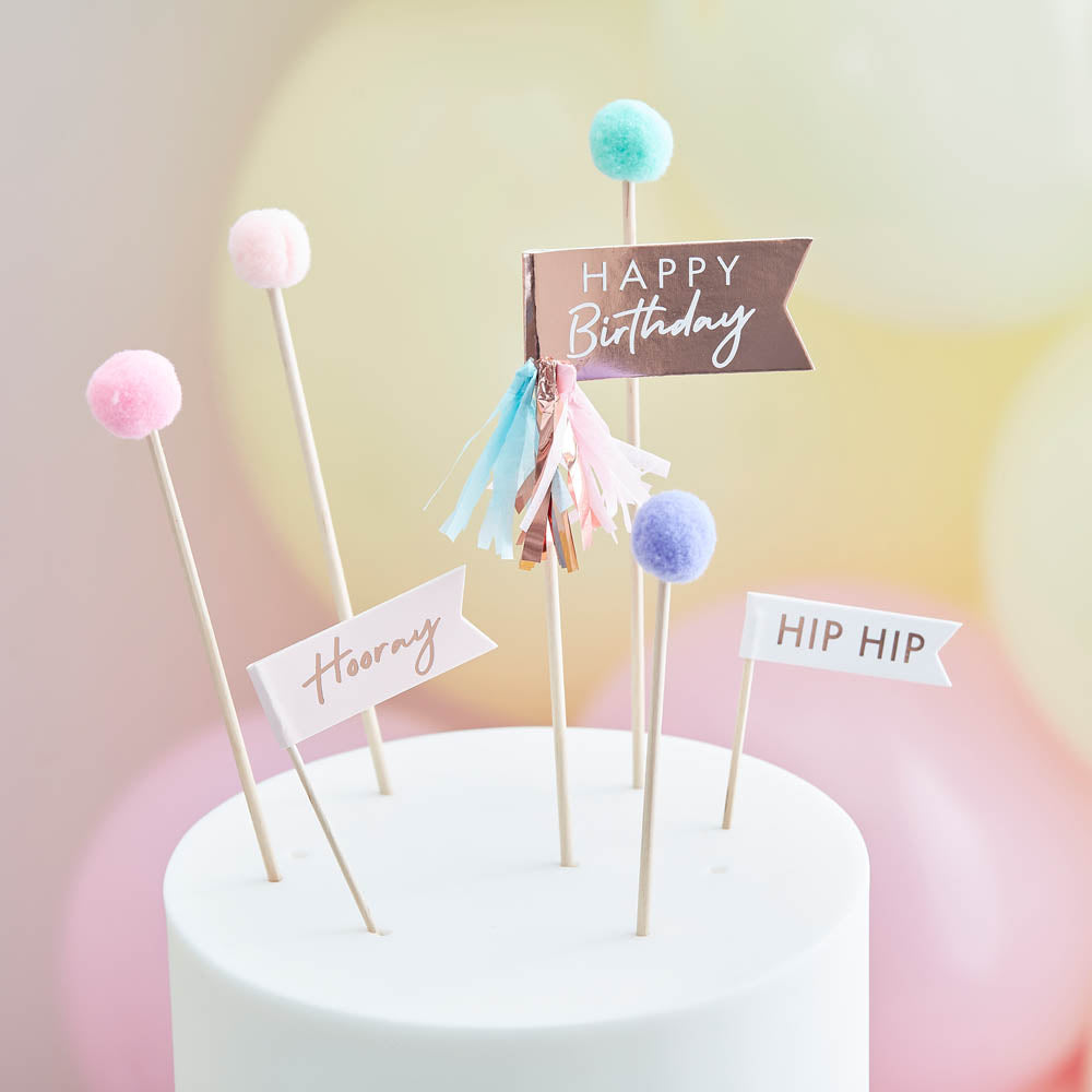 Click to view product details and reviews for Happy Birthday Pom Poms And Flags Cake Topper.