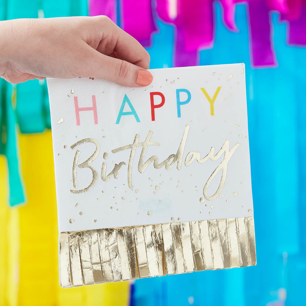 Click to view product details and reviews for Happy Birthday Colour Block Foiled Fringe Napkins X16.