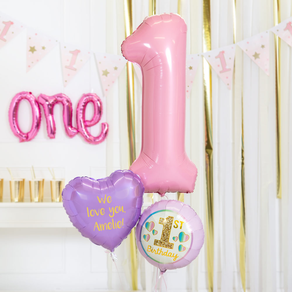 Click to view product details and reviews for Personalised Inflated Balloon Bouquet In A Box Lovely Pink 1st Birthday.