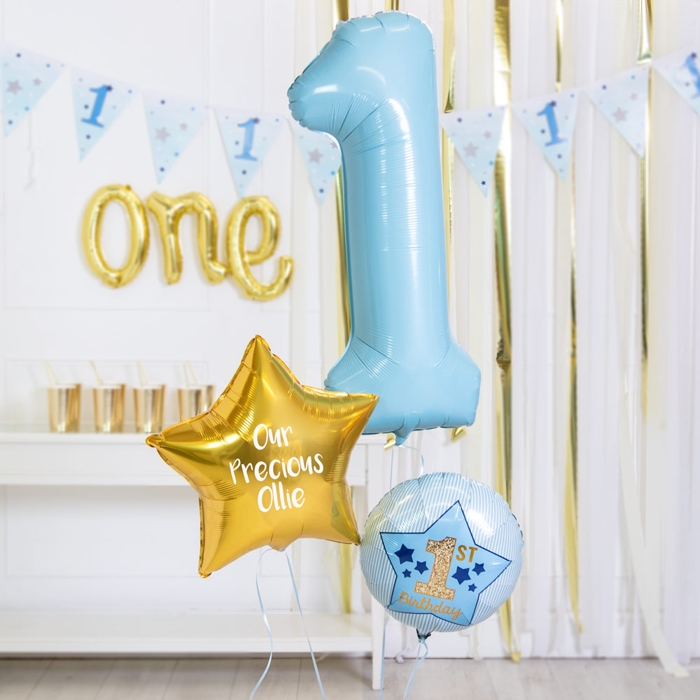Click to view product details and reviews for Personalised Inflated Balloon Bouquet In A Box Pastel Blue 1st Birthday.