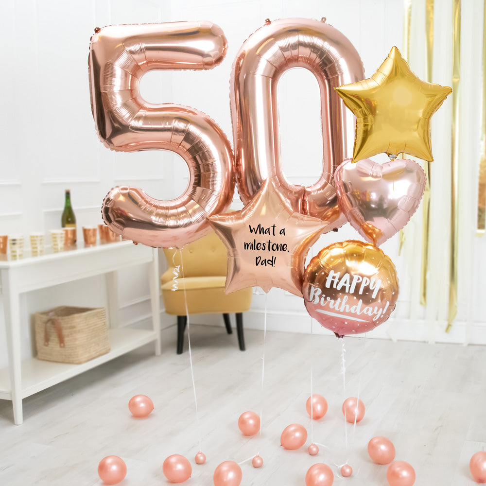 Deluxe Personalised Balloon Bunch 50th Birthday Rose Gold