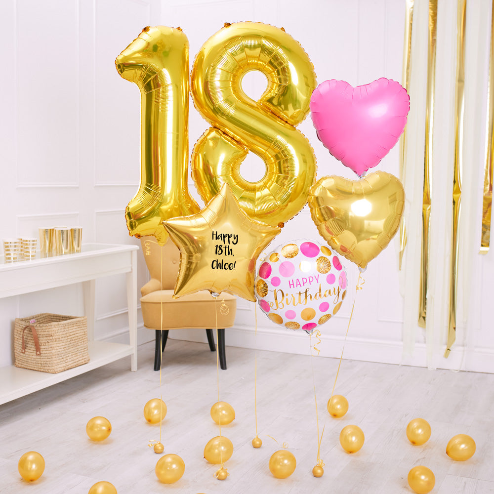 Deluxe Personalised Balloon Bunch 18th Birthday Gold Pink