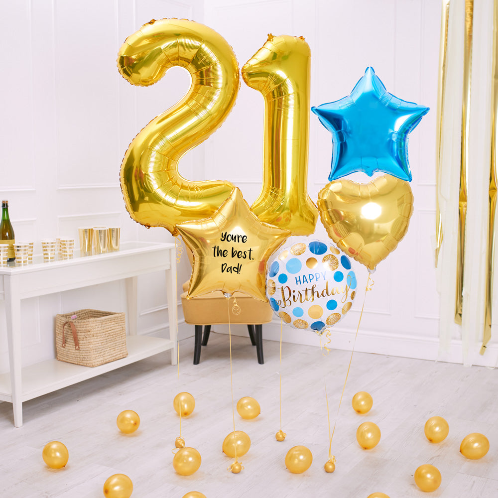 Deluxe Personalised Balloon Bunch 21st Birthday Gold Blue