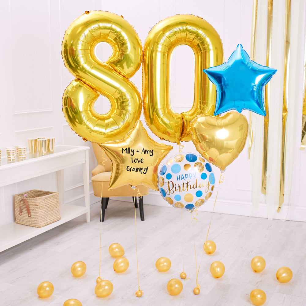 Click to view product details and reviews for Deluxe Personalised Balloon Bunch 80th Birthday Gold Blue.