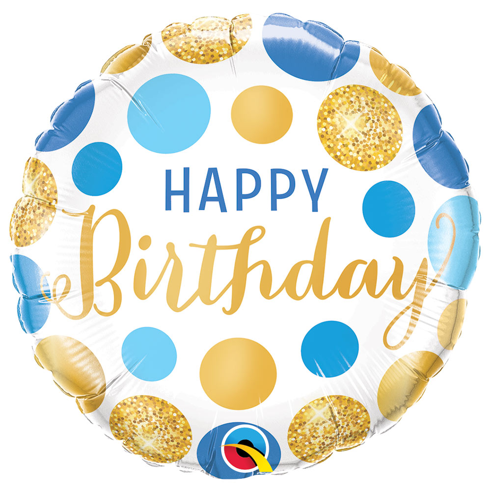 Click to view product details and reviews for Happy Birthday Foil Balloon Blue Gold Dots.