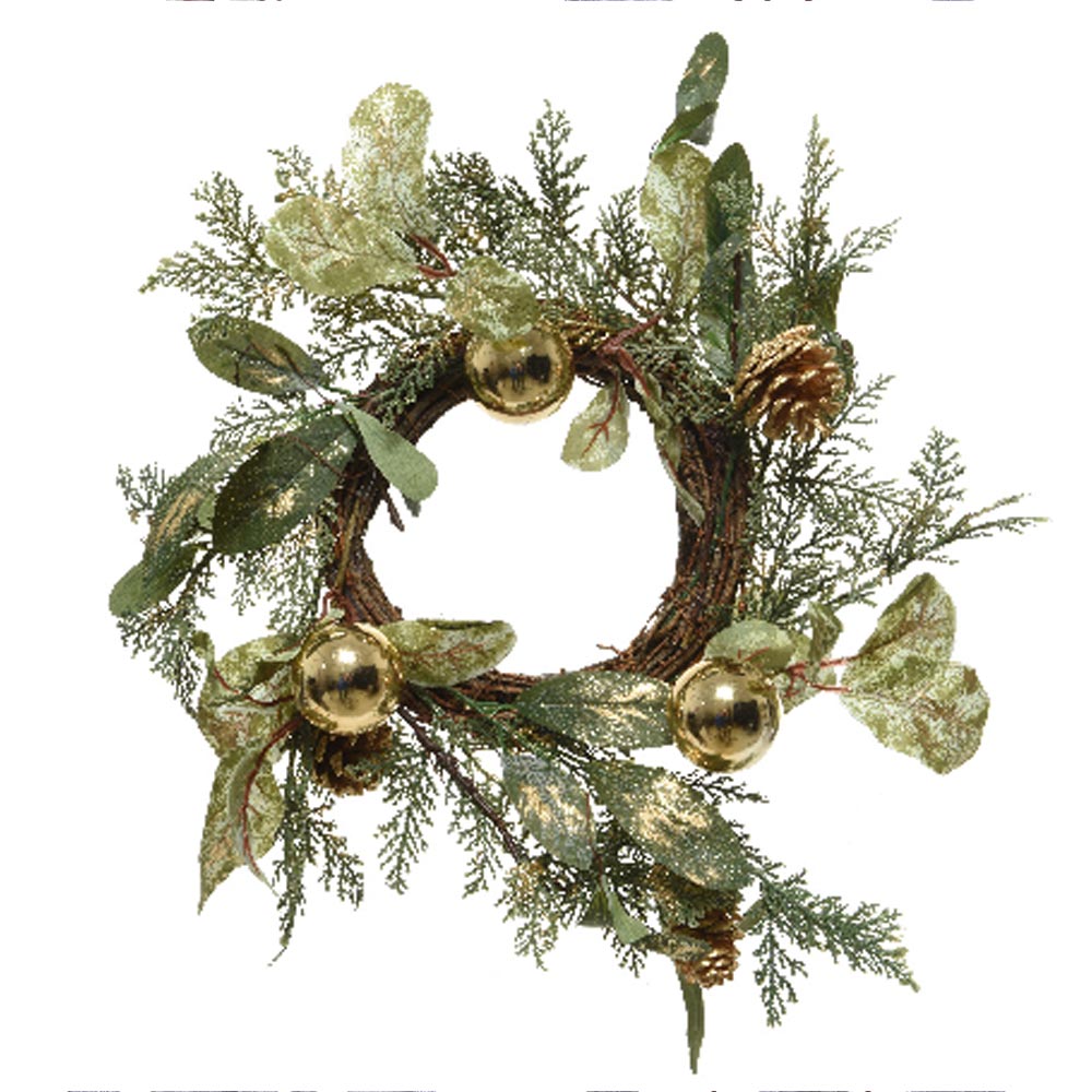 Click to view product details and reviews for Golden Baubles And Pinecones Wreath.