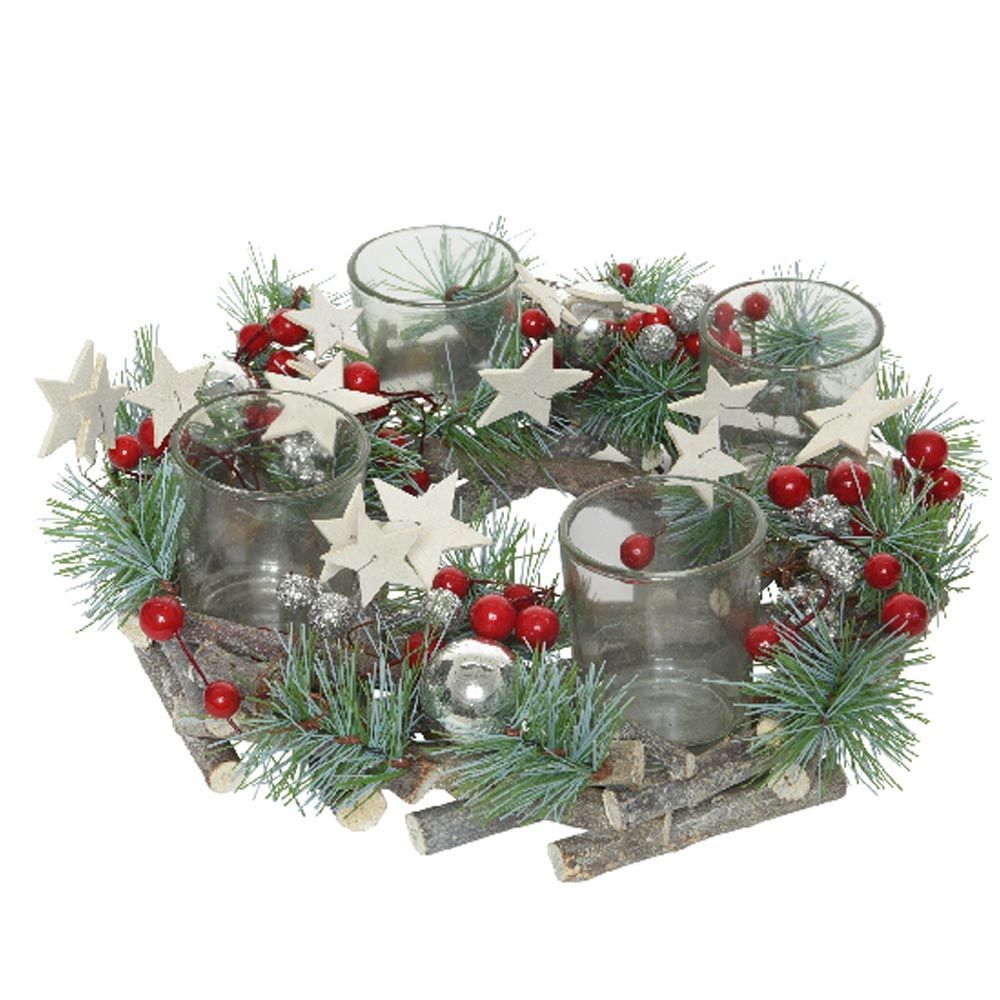 Click to view product details and reviews for Frosted Pinecone Wreath With Tea Light Holders.