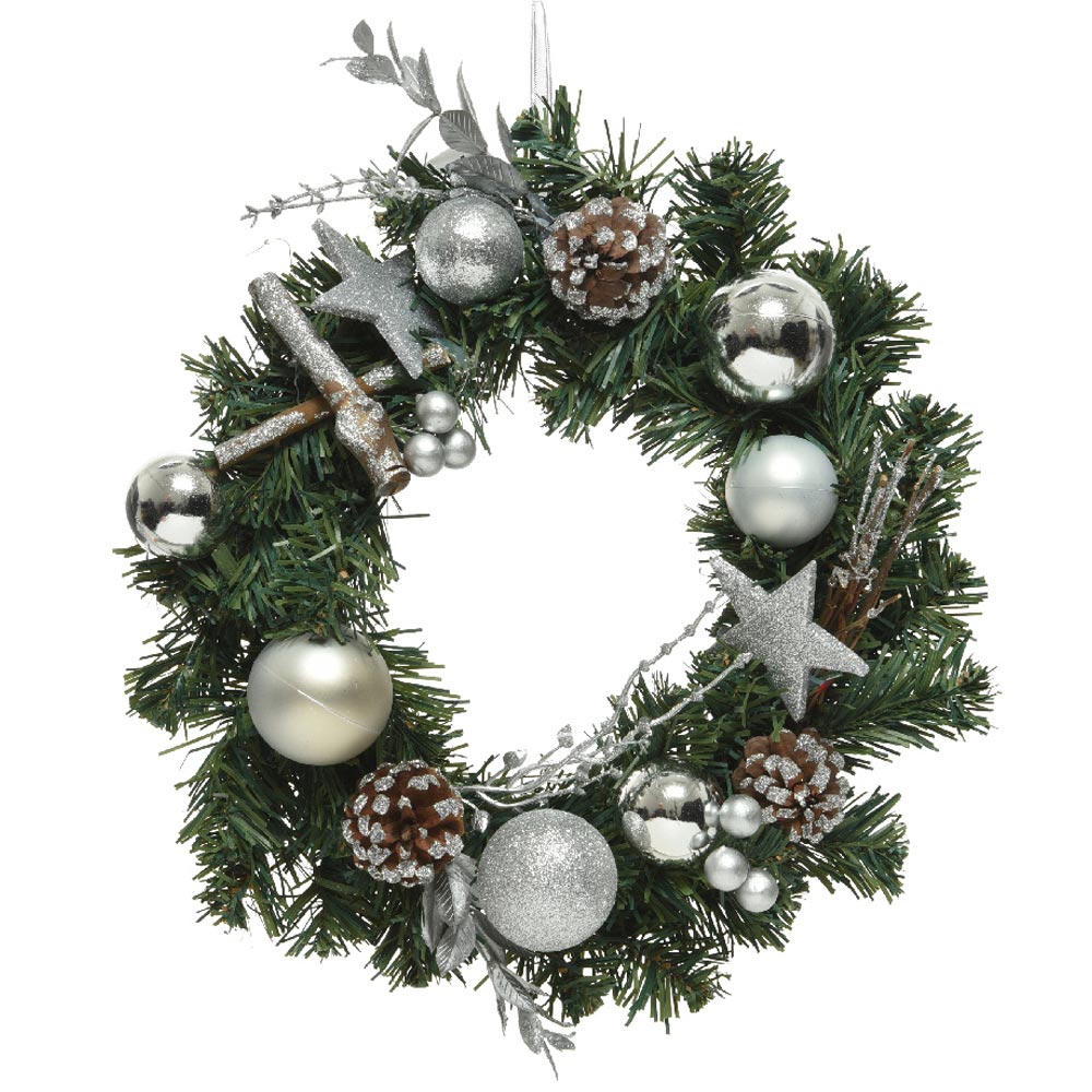 Click to view product details and reviews for Silver Baubles Stars And Cinnamon Wreath.