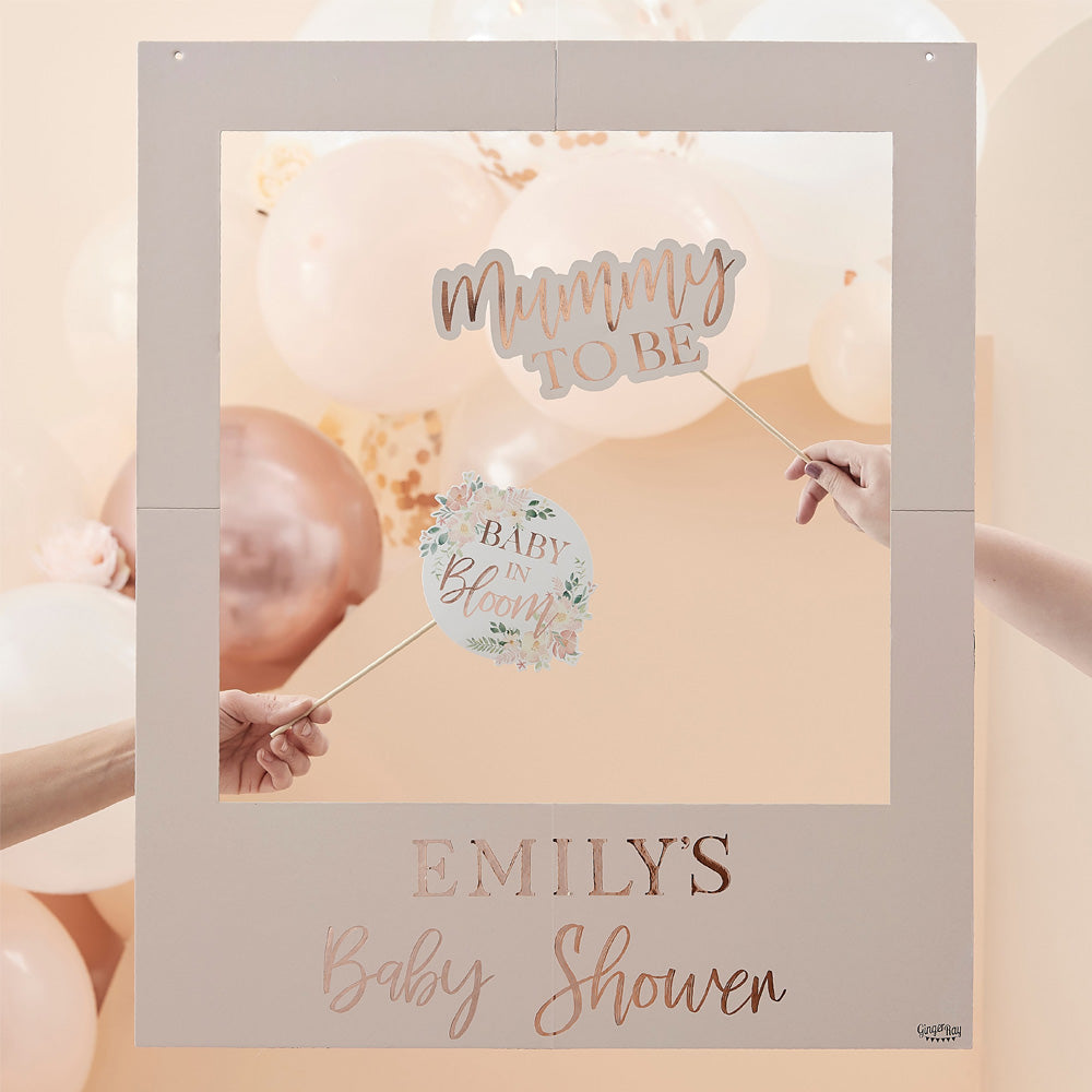Click to view product details and reviews for Baby In Bloom Customisable Photo Booth Frame Foiled With Stickers.