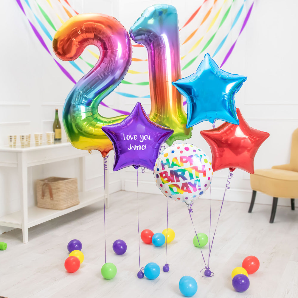 Deluxe Personalised Balloon Bunch 21st Birthday Rainbow