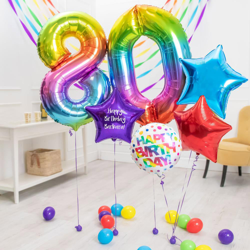Click to view product details and reviews for Deluxe Personalised Balloon Bunch 80th Birthday Rainbow.