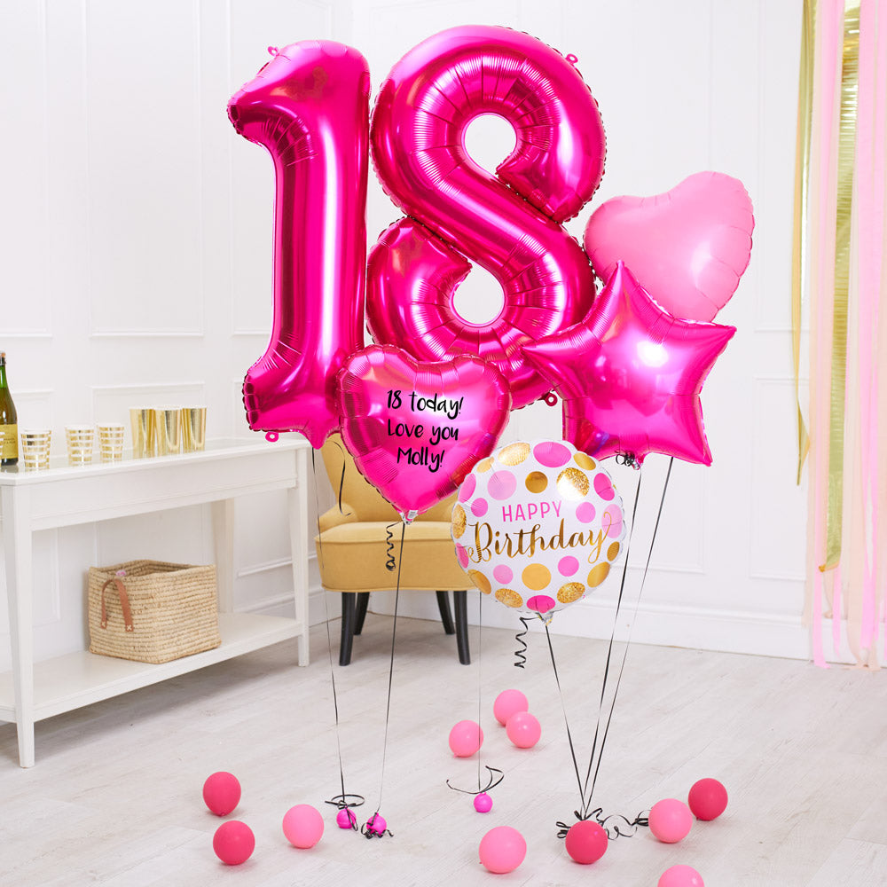Deluxe Personalised Balloon Bunch 18th Birthday Pink
