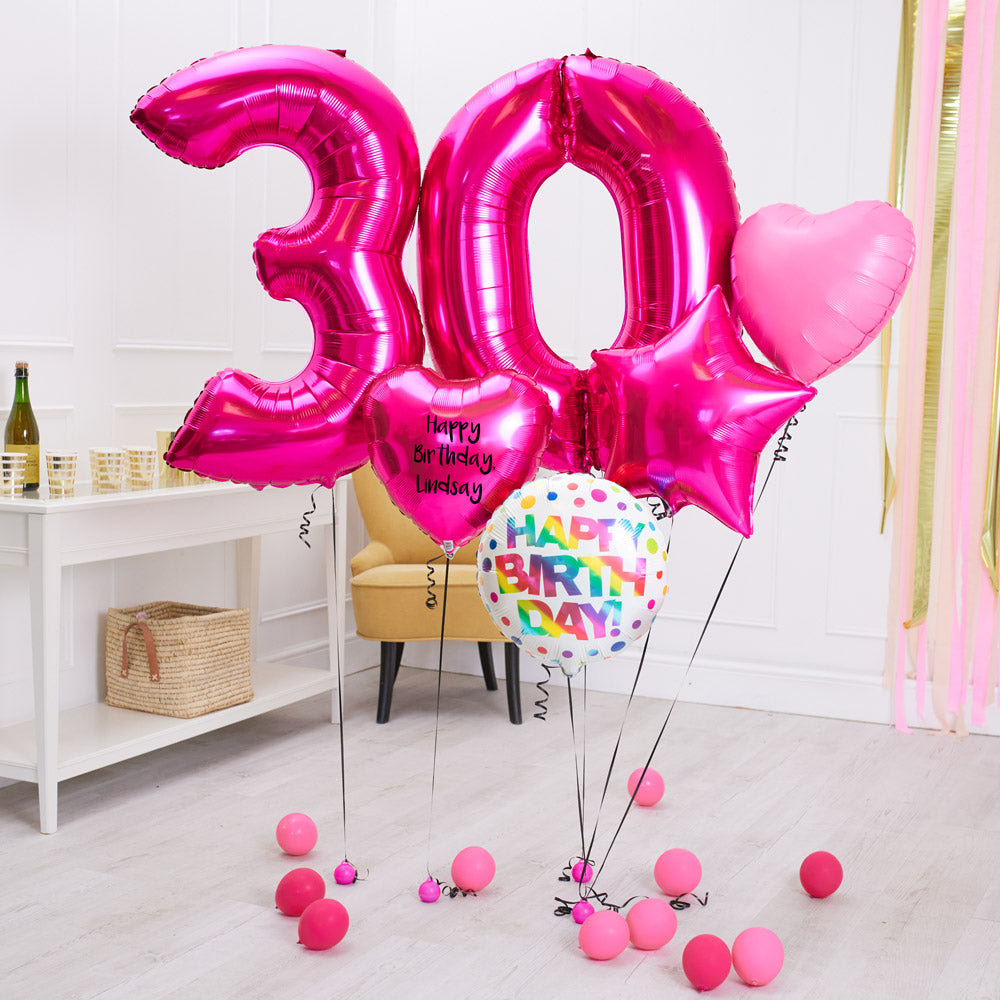 Click to view product details and reviews for Deluxe Personalised Balloon Bunch 30th Birthday Pink.