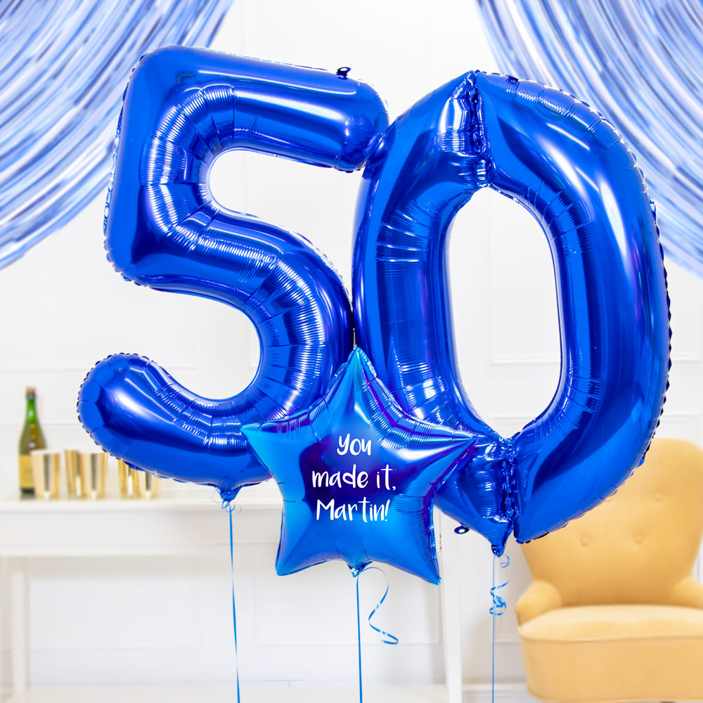50th Birthday Balloons Personalised Inflated Balloon Bouquet Blue
